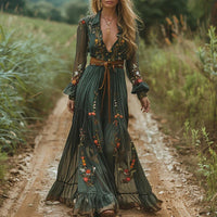 Böhmisches Blumen-Maxikleid für Frauen – Elegantes Sommerkleid – Grün (Fast Ausverkauft)