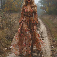 Böhmisches Blumen-Maxikleid für Frauen – Elegantes Sommerkleid – Dunkelbraun