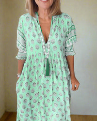 Luftiges Damen Boho-Kleid - Leichte Sommer-Tunika mit ausdrucksstarkem Ethno-Muster – Grün