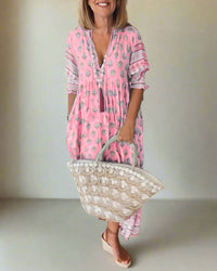 Luftiges Damen Boho-Kleid - Leichte Sommer-Tunika mit ausdrucksstarkem Ethno-Muster – Rosa