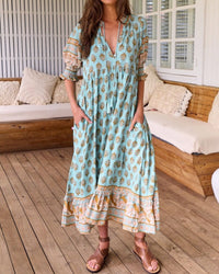 Luftiges Damen Boho-Kleid - Leichte Sommer-Tunika mit ausdrucksstarkem Ethno-Muster – Blau
