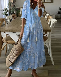 Boho Maxi Kleid Frauen - Elegantes Sommermaxikleid mit Fließender Passform und Verspielten Mustern – Hellblau