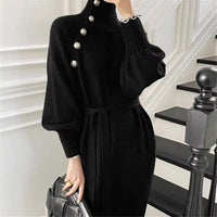 Tara | Damen Strickkleid gerippt elegant & figurbetont – Schwarz