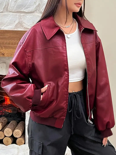 Shilaira | Rote PU-Leder-Bomberjacke für Damen mit Reißverschluss