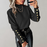 Damen Ärmel mit Knopfdesign Lang Shirt – Schwarz