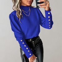 Damen Ärmel mit Knopfdesign Lang Shirt – Blau