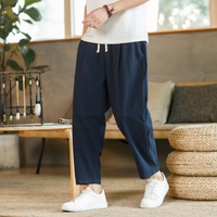 Herren Verstellbar Locker Geschnitten Leinenhose – Marine