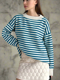 Damen Strickpullover Gestreift Oversize | Warmer Winterpullover mit Rundhals- und V-Ausschnitt – Blau