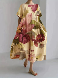 Sommerliches Damenkleid mit Blumenmuster - Locker geschnitten - Botanisches Design – Gelb