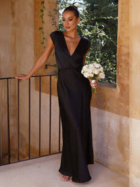 Heidi-Mode | Satin Kleid Trauzeugin Passform Meerjungfrau V-Ausschnitt Cap Ärmel Elegantes Abendkleid für Hochzeit – Schwarz