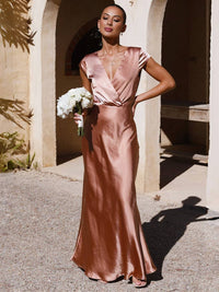 Heidi-Mode | Satin Kleid Trauzeugin Passform Meerjungfrau V-Ausschnitt Cap Ärmel Elegantes Abendkleid für Hochzeit – Rosa