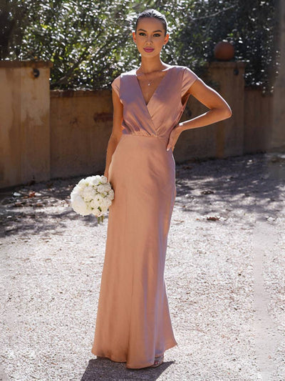 Heidi-Mode | Satin Kleid Trauzeugin Passform Meerjungfrau V-Ausschnitt Cap Ärmel Elegantes Abendkleid für Hochzeit