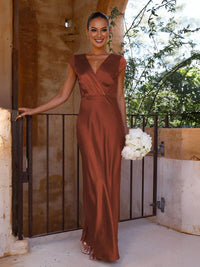 Heidi-Mode | Satin Kleid Trauzeugin Passform Meerjungfrau V-Ausschnitt Cap Ärmel Elegantes Abendkleid für Hochzeit – Terrakotta