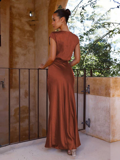 Heidi-Mode | Satin Kleid Trauzeugin Passform Meerjungfrau V-Ausschnitt Cap Ärmel Elegantes Abendkleid für Hochzeit