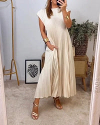 Damen Plissee-Kleid elegant einfarbig knielang – Beige