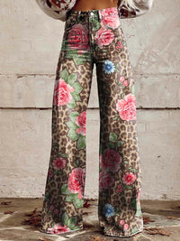 Heidi-Mode | Bequeme Damen Palazzo Hose mit Floralem Muster – Rosa & Leopard