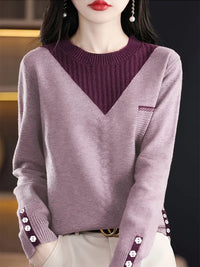 Seyshlah | Eleganter Farbblock-Strickpullover für Frauen - Rundhalsausschnitt, lange Ärmel – Camel