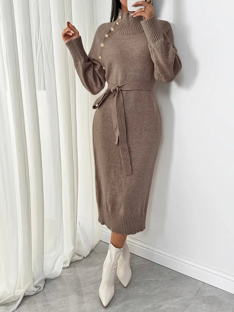 Desi | Festes Kleid mit langen Ärmeln, elegantes Pulloverkleid mit Knopfleiste und Gürtel