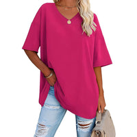 Danièle - Lockeres T-Shirt mit V-Ausschnitt für Frauen – Rosenrot