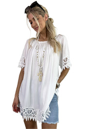 Terry - Feminines Tunika-Top mit Spitzenbesatz – Weiß
