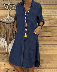 Brenda - Denim Langarmhemdkleid mit Brusttasche – Marine