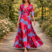 Denise | Damen Blumenkleid V-Ausschnitt Fließend Sommer – Rot