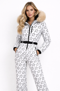 Damen Skianzug | Zweiteiliges Winterset mit Kapuze – Schwarz & Weiß Stern