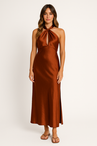 Damen Halter Maxi Abendkleid – Braun
