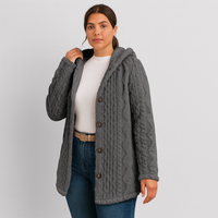 Marlena | Damen Knopf-Front Teddy Hoodie Mantel für Herbst & Winter – Grau