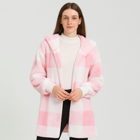 Ava | Damen Fleece-Cardigan mit Kapuze und Karomuster – Rosa