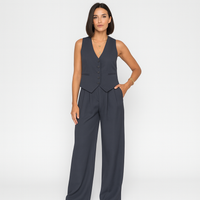 Elegantes 2-teiliges Set für Damen – Ärmelloses Top mit V-Ausschnitt und passende einfarbige Hose – Dunkelgrau