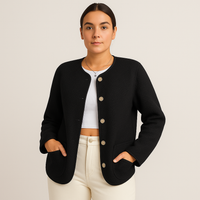Serenna | Damen Wolloptik Mantel mit Rundhalsausschnitt – Schwarz