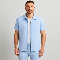 2-teiliges Jacquard-Strick-Set für Herren – Kurzarmhemd und Shorts in Unifarbe, Premium-Freizeitoutfit – Hellblau