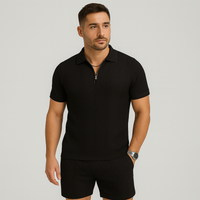 Sportliches 2-teiliges Herren-Set – Atmungsaktives, schnelltrocknendes Wendehemd und Jacquard-Shorts – Schwarz