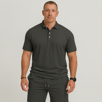 Herren Sommer Casual Set – Leichtes Oberteil mit Golfkragen und einfarbige Shorts mit Taschen – Bleifarbe