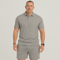 Herren Sommer Casual Set – Leichtes Oberteil mit Golfkragen und einfarbige Shorts mit Taschen – Khaki