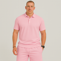 Herren Sommer Casual Set – Leichtes Oberteil mit Golfkragen und einfarbige Shorts mit Taschen – Rosa