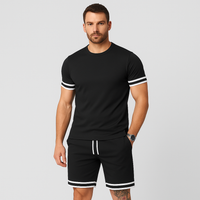 Neues lässiges 2-teiliges Herren-Set – Kurzarm-T-Shirt mit Rundhalsausschnitt und Shorts mit Kordelzug in Unifarbe – Schwarz