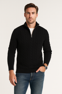 Herrenpullover | Halbzip mit hohem Kragen und Rippbündchen – Schwarz
