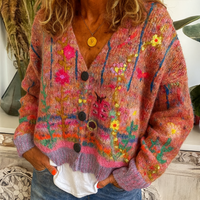 Damen-Strickjacke zum Knöpfen mit buntem Blumenmuster und V-Ausschnitt – Rot