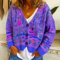 Damen-Strickjacke zum Knöpfen mit buntem Blumenmuster und V-Ausschnitt – Lila