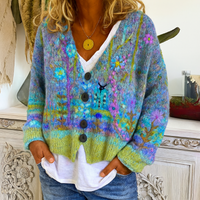 Damen-Strickjacke zum Knöpfen mit buntem Blumenmuster und V-Ausschnitt – Grün