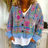 Damen-Strickjacke zum Knöpfen mit buntem Blumenmuster und V-Ausschnitt – Blau