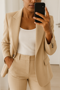 Eleganter Damenanzug für formelle Anlässe – Maßgeschneiderter Blazer mit mittelhoher Hose – Beige