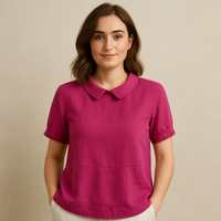 Damen Bluse Kurzarm mit Bubikragen – Dunkelrosa