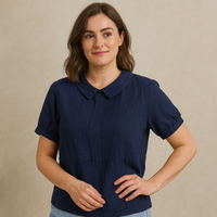 Damen Bluse Kurzarm mit Bubikragen – Dunkelblau