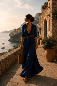 Mathilda | Drapiertes Kleid mit Gürtel – Marine