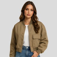 Kurzer Pilotenblouson für Damen – Klappentaschen und Druckknopfverschluss – Grün