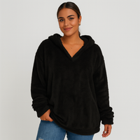 Fleece-Kapuzenpullover – Unifarbenes Damen Sweatshirt mit langen Ärmeln – Schwarz
