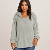 Fleece-Kapuzenpullover – Unifarbenes Damen Sweatshirt mit langen Ärmeln – Grau